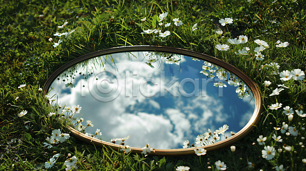 사람없음 JPG 디지털합성 편집이미지 거울 계절 구름(자연) 꽃 반사 숲 자연 풀(식물) 풍경(경치) 하늘