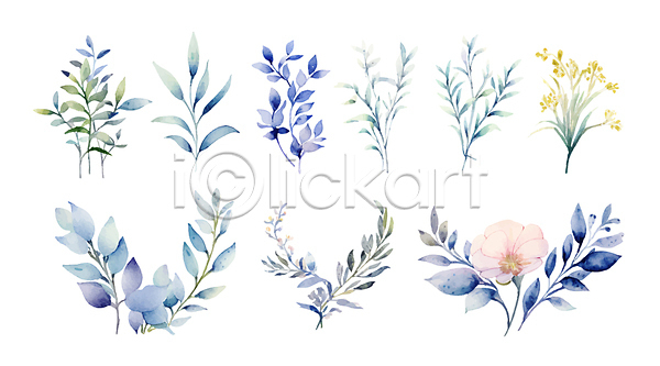 사람없음 AI(파일형식) 일러스트 꽃 다양 수채화(물감) 식물 엘리먼트 잎 파란색 편집소스