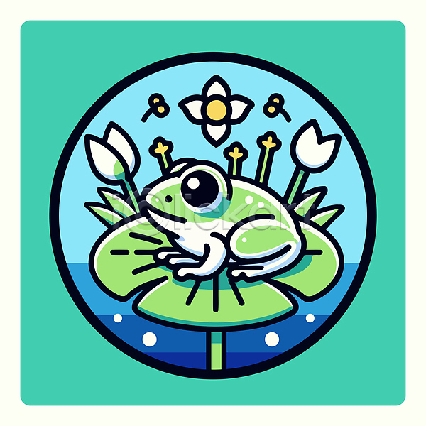 귀여움 사람없음 AI(파일형식) 일러스트 개구리 꽃 연못 연잎 초록색 한마리