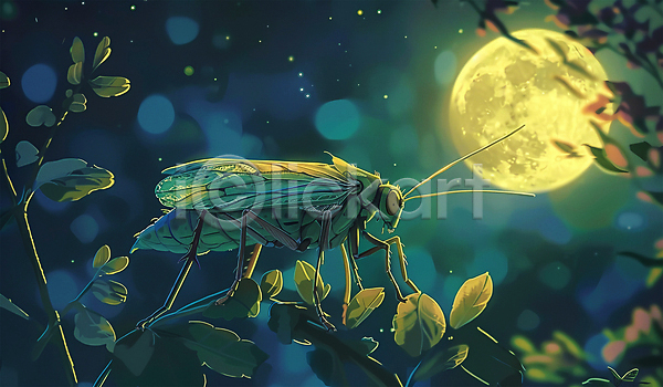 사람없음 JPG 편집이미지 곤충 나뭇잎 달 달빛 숲 야간 여치 이야기