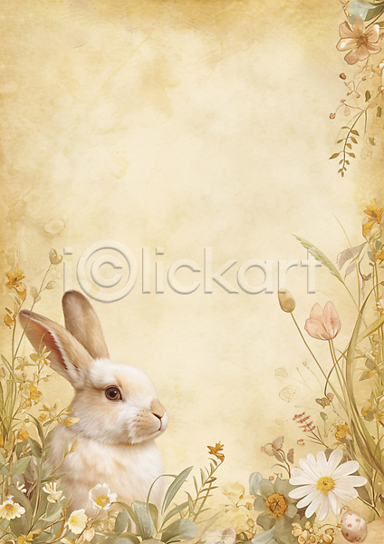 사람없음 JPG 편집이미지 갈색 그림 꽃 백그라운드 봄 카피스페이스 토끼 한마리