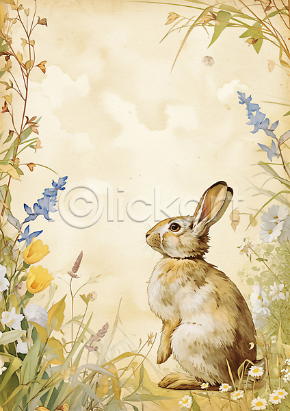 사람없음 JPG 편집이미지 갈색 그림 꽃 백그라운드 봄 카피스페이스 토끼 한마리