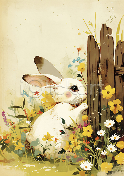 사람없음 JPG 편집이미지 갈색 그림 꽃 백그라운드 봄 울타리 토끼 한마리