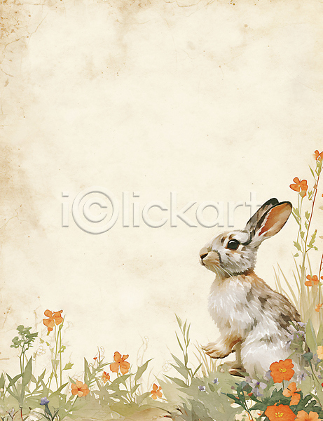 사람없음 JPG 편집이미지 그림 꽃 백그라운드 봄 카피스페이스 토끼 한마리