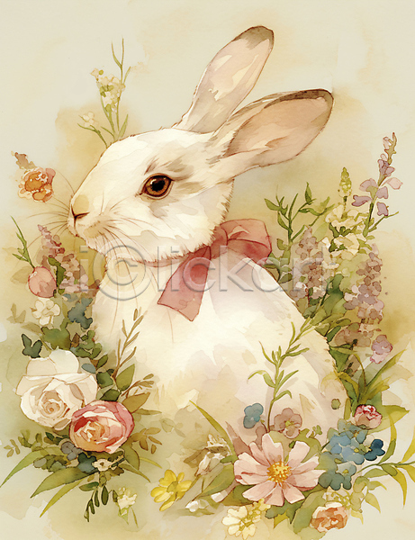 사람없음 JPG 편집이미지 갈색 그림 꽃 리본 백그라운드 봄 토끼 한마리