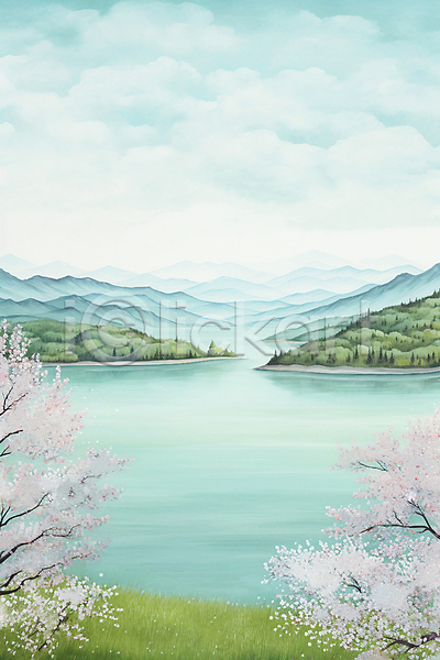 사람없음 JPG 일러스트 구름(자연) 꽃 나무 백그라운드 번짐 벚꽃 봄 봄풍경 산 수채화(물감) 하늘 호수