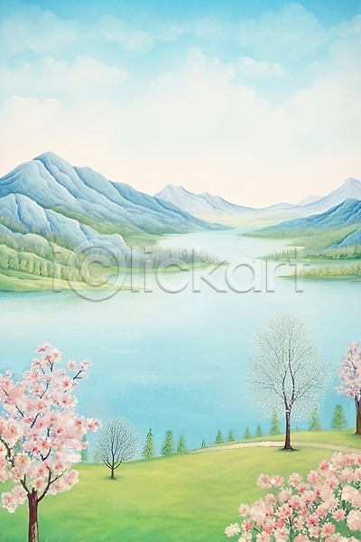 사람없음 JPG 일러스트 구름(자연) 꽃 나무 백그라운드 번짐 벚꽃 봄 봄풍경 산 수채화(물감) 초원(자연) 하늘 호수