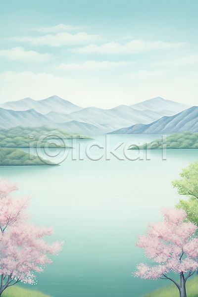 사람없음 JPG 일러스트 구름(자연) 꽃 나무 백그라운드 번짐 벚꽃 봄 봄풍경 산 수채화(물감) 하늘 호수