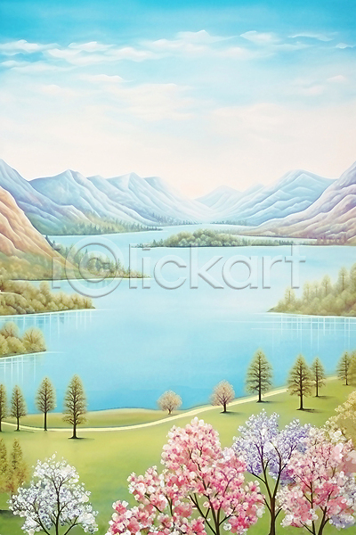 사람없음 JPG 일러스트 구름(자연) 꽃 나무 백그라운드 번짐 벚꽃 봄 봄풍경 산 수채화(물감) 초원(자연) 하늘 호수