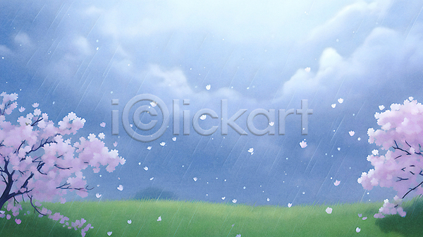 감성 사람없음 JPG 일러스트 구름(자연) 꽃잎 날씨 백그라운드 벚꽃 봄 봄비 비 빛 식물 잔디 파란색 풍경(경치) 하늘 흐림