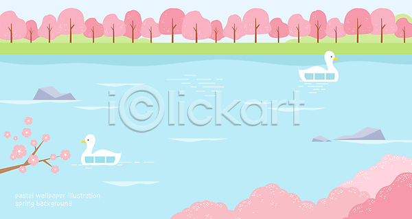 사람없음 AI(파일형식) 일러스트 나무 나뭇가지 돌(바위) 백그라운드 벚나무 봄 오리배 풍경(경치) 호수