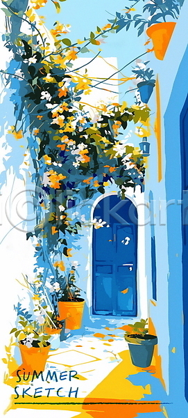 사람없음 PSD 일러스트 건물 꽃 문 여름(계절) 여행 주황색 지중해 파란색 풀(식물) 풍경(경치) 화분