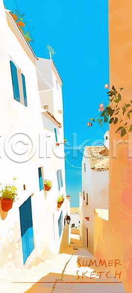 사람없음 PSD 일러스트 건물 계단 골목길 꽃 문 여름(계절) 여행 주황색 지중해 창문 풍경(경치) 하늘색 햇빛