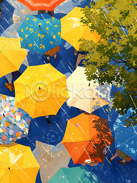 군중 남자 성인 성인만 여러명 여자 JPG 디지털합성 편집이미지 가득함 거리 걷기 그림 나무 나뭇잎 백그라운드 봄비 우산 컬러풀 편집소스 풍경(경치)