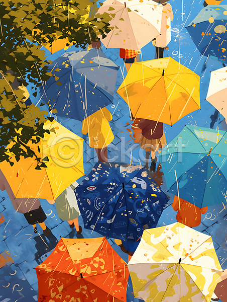 군중 남자 성인 성인만 여러명 여자 JPG 디지털합성 편집이미지 가득함 거리 걷기 그림 나무 나뭇잎 백그라운드 봄비 우산 컬러풀 편집소스 풍경(경치)
