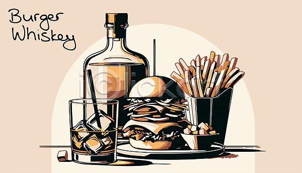 사람없음 AI(파일형식) 일러스트 감자튀김 꼬챙이 막대기 복고 술병 술잔 알코올 얼음 위스키 음료 잔 접시 햄버거