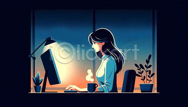 집중 성인 성인여자한명만 여자 한명 JPG 디지털합성 편집이미지 모니터 사무실 식물 실내 야간 자기계발 작업 조명 창문 커피 컴퓨터 편집소스