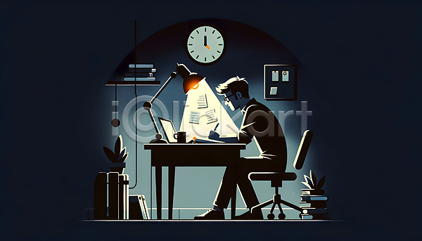 집중 남자 성인 성인남자한명만 한명 JPG 디지털합성 편집이미지 시계 식물 실내 앉기 야간 의자 자기계발 작업 전신 조명 커피 컴퓨터 편집소스