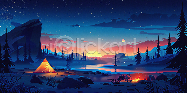 사람없음 JPG 디지털합성 편집이미지 나무 달 모닥불 반사 밤하늘 백그라운드 별 빛 산 야경 일몰 캠핑 탐험 텐트 호수
