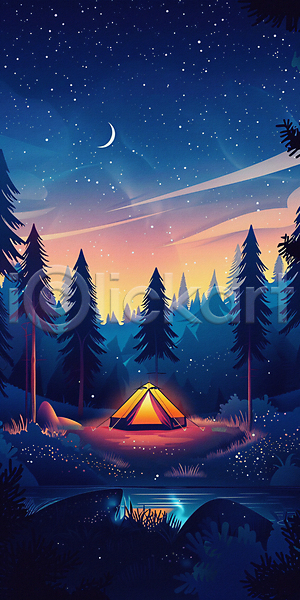 사람없음 JPG 디지털합성 편집이미지 나무 달 반사 밤하늘 백그라운드 별 빛 산 야경 일몰 캠핑 탐험 텐트 호수
