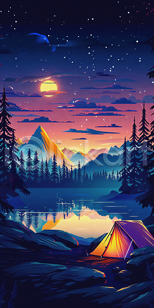 사람없음 JPG 디지털합성 편집이미지 나무 달 반사 밤하늘 백그라운드 별 빛 산 야경 일몰 캠핑 탐험 텐트 호수