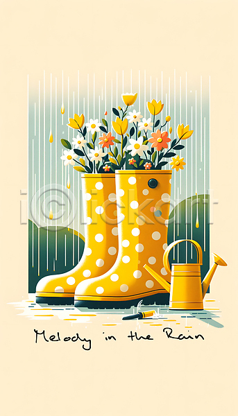감성 사람없음 JPG 디지털합성 편집이미지 꽃 노란색 물방울무늬 물뿌리개 백그라운드 봄 빗방울 잎 장화 텍스트 편집소스
