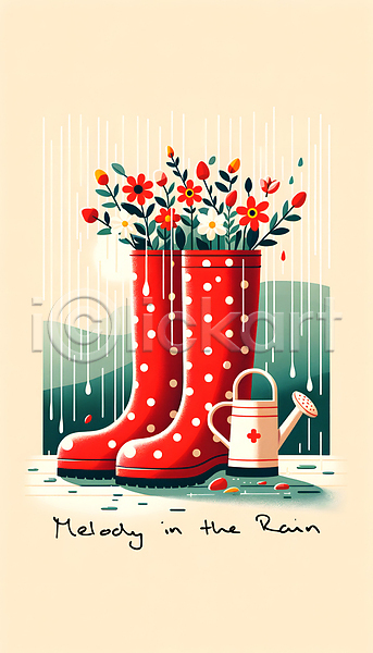 감성 사람없음 JPG 디지털합성 편집이미지 꽃 물방울무늬 물뿌리개 백그라운드 봄 빗방울 빨간색 잎 장화 텍스트 편집소스