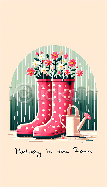 감성 사람없음 JPG 디지털합성 편집이미지 꽃 물방울무늬 물뿌리개 백그라운드 봄 분홍색 빗방울 잎 장화 텍스트 편집소스