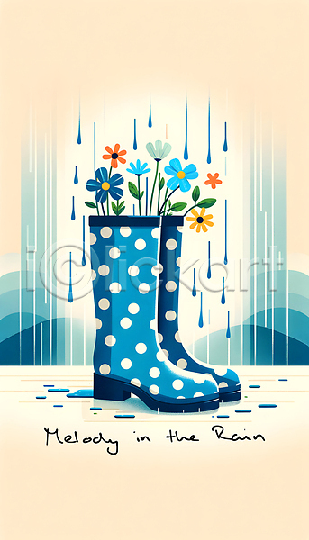 감성 사람없음 JPG 디지털합성 편집이미지 꽃 물방울무늬 백그라운드 봄 빗방울 잎 장화 텍스트 파란색 편집소스