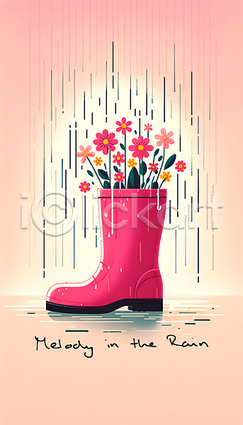 감성 사람없음 JPG 디지털합성 편집이미지 꽃 백그라운드 봄 분홍색 빗방울 잎 장화 텍스트 편집소스