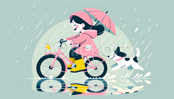 즐거움 소녀(어린이) 소녀한명만 어린이 여자 한명 JPG 디지털합성 편집이미지 강아지 달리기 미소(표정) 반사 봄비 빗방울 우비 우산 웅덩이 자전거 전신