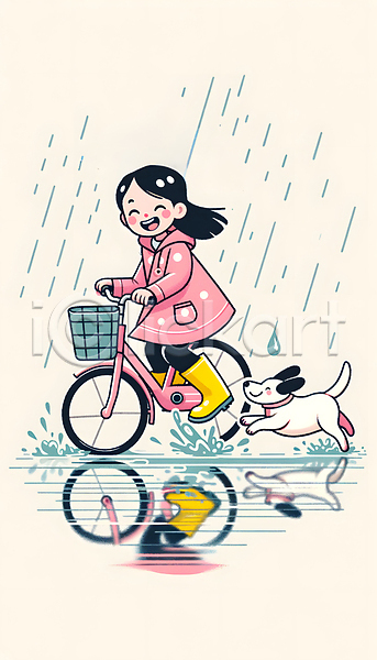 즐거움 소녀(어린이) 소녀한명만 어린이 여자 한명 JPG 디지털합성 편집이미지 강아지 달리기 물방울무늬 미소(표정) 봄비 빗방울 우비 웅덩이 자전거 전신 튀는물