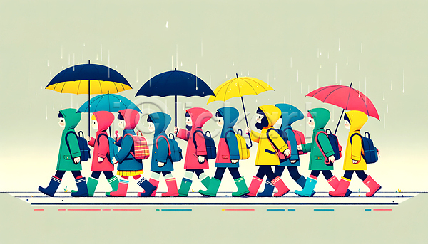 남자 소녀(어린이) 소년 어린이 어린이만 여러명 여자 JPG 디지털합성 편집이미지 걷기 들기 등교 봄비 빗방울 우비 우산 장화 전신