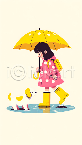 소녀(어린이) 소녀한명만 어린이 여자 한명 JPG 디지털합성 편집이미지 강아지 들기 물방울무늬 반사 봄비 빗방울 우비 우산 웅덩이 장화 전신