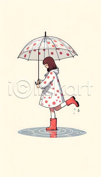소녀(어린이) 소녀한명만 어린이 여자 한명 JPG 디지털합성 편집이미지 들기 물방울무늬 반사 봄비 빗방울 우비 우산 웅덩이 장화 전신