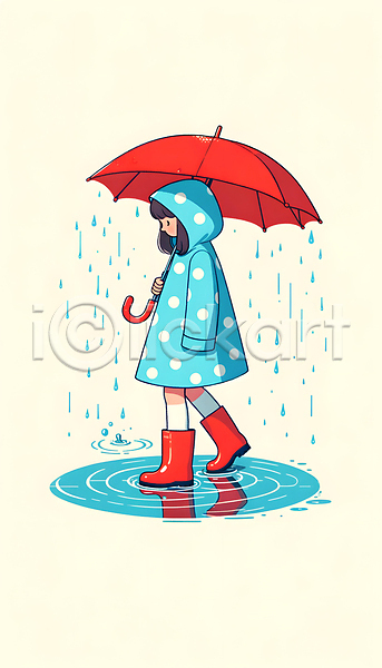 소녀(어린이) 소녀한명만 어린이 여자 한명 JPG 디지털합성 편집이미지 들기 물방울무늬 반사 봄비 빗방울 우비 우산 웅덩이 장화 전신