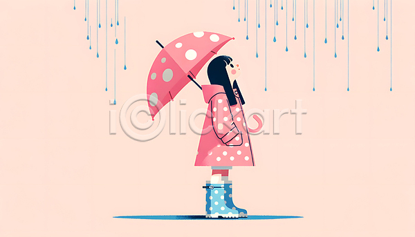 소녀(어린이) 소녀한명만 어린이 여자 한명 JPG 디지털합성 편집이미지 들기 물방울무늬 봄비 빗방울 올려보기 우비 우산 웅덩이 장화 전신