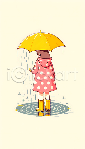 소녀(어린이) 소녀한명만 어린이 여자 한명 JPG 디지털합성 편집이미지 내려보기 들기 물방울무늬 반사 봄비 빗방울 우비 우산 웅덩이 장화 전신
