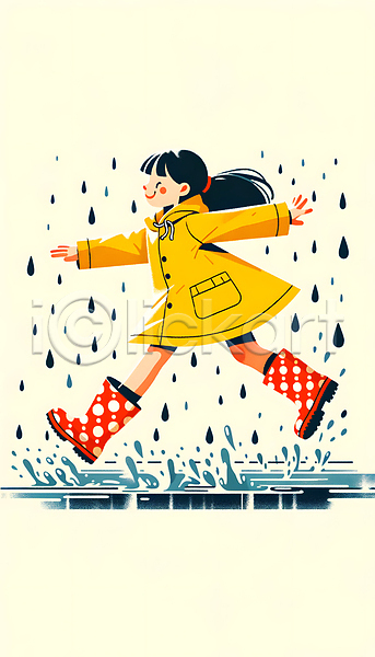 즐거움 소녀(어린이) 소녀한명만 어린이 여자 한명 JPG 디지털합성 편집이미지 달리기 물방울무늬 봄비 빗방울 우비 웅덩이 장화 전신 튀는물
