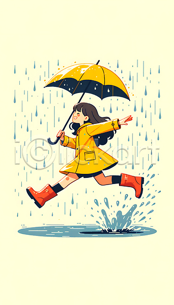 즐거움 소녀(어린이) 소녀한명만 어린이 여자 한명 JPG 디지털합성 편집이미지 달리기 들기 봄비 빗방울 우비 우산 웅덩이 장화 전신 튀는물