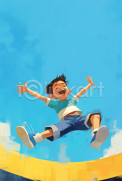 역동적 자유 즐거움 행복 활기 남자 소년 소년한명만 어린이 청소년 한명 JPG 디지털합성 일러스트 긍정적 밝음 에너지 여름(계절) 웃음 점프 팔벌리기 편집소스 하늘
