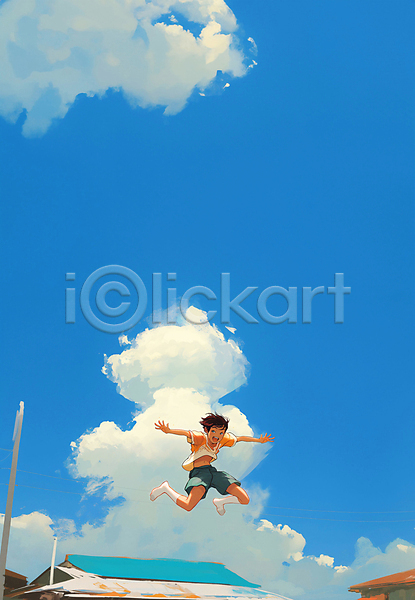 역동적 자유 즐거움 행복 활기 남자 소년 소년한명만 어린이 청소년 한명 JPG 디지털합성 일러스트 구름(자연) 긍정적 놀이 밝음 에너지 여름(계절) 점프 지붕 팔벌리기 편집소스 하늘