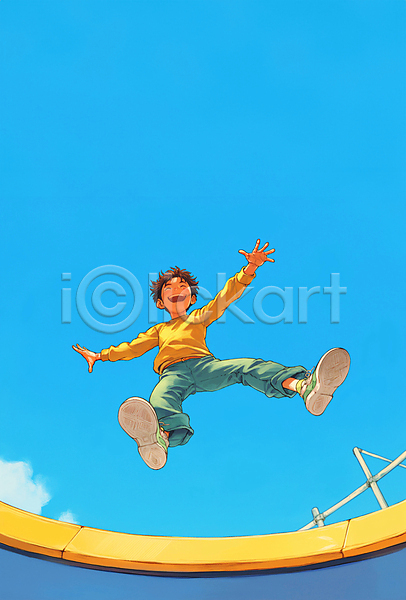 역동적 자유 즐거움 행복 활기 남자 소년 소년한명만 어린이 청소년 한명 JPG 디지털합성 일러스트 긍정적 놀이 밝음 에너지 여름(계절) 점프 팔벌리기 편집소스 하늘
