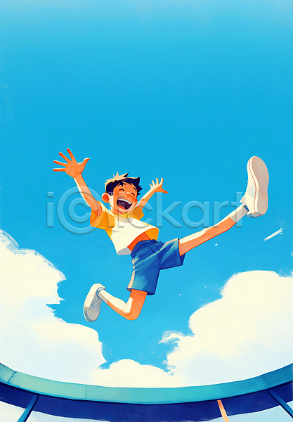 역동적 자유 즐거움 행복 활기 남자 소년 소년한명만 어린이 청소년 한명 JPG 디지털합성 일러스트 긍정적 놀이 밝음 에너지 여름(계절) 점프 팔벌리기 편집소스 하늘