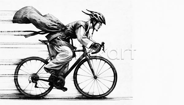 역동적 남자 성인 성인남자한명만 한명 JPG 디지털합성 편집이미지 흑백 로드자전거 속도 스포츠 승차 운동 자전거 전통의상 조선시대 편집소스 한복 헬멧