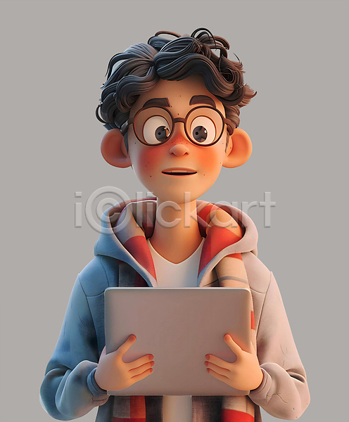 남자 성인 성인남자한명만 한명 3D PSD 디지털합성 편집이미지 3D캐릭터 너드 노트북 대학생 들기 상반신 안경낌 태블릿 편집소스