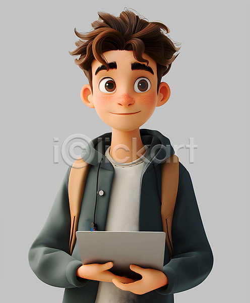 남자 성인 성인남자한명만 한명 3D PSD 디지털합성 편집이미지 3D캐릭터 너드 노트북 대학생 들기 상반신 태블릿 편집소스