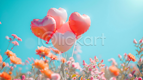 사랑 사람없음 JPG 디지털합성 편집이미지 구름(자연) 꽃밭 봄 분홍색 야외 자연 하늘 하트풍선 햇빛