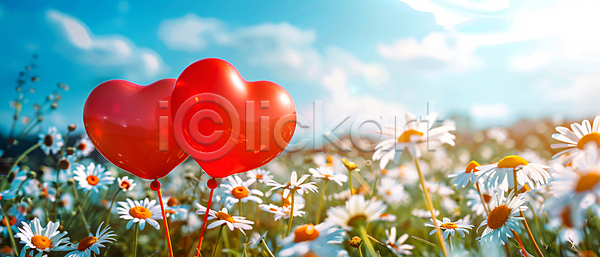 사랑 사람없음 JPG 디지털합성 편집이미지 구름(자연) 꽃밭 봄 빨간색 야외 자연 하늘 하트풍선 햇빛