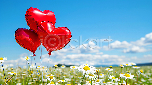 사랑 사람없음 JPG 디지털합성 편집이미지 구름(자연) 꽃밭 봄 빨간색 야외 자연 하늘 하트풍선 햇빛